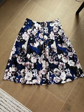 Covington Black A-Line Midi Skirt with Blue & Pink Floral Print